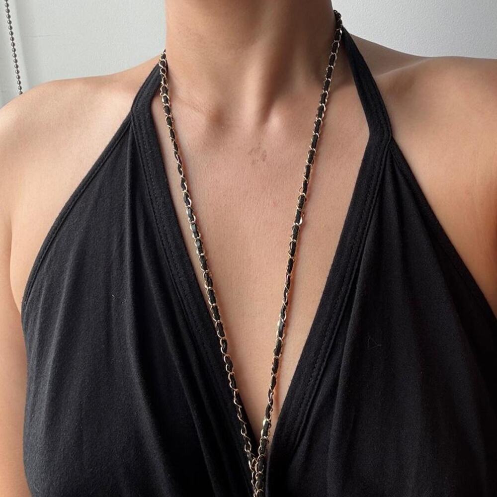 Black & Gold Lariat Y-Necklace with Chain Tassels